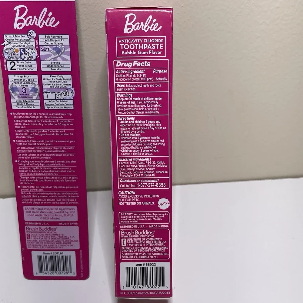 Brush Buddies Barbie 2 Pack Toothbrushes And Toothpaste Set Bubble Gum Flavor